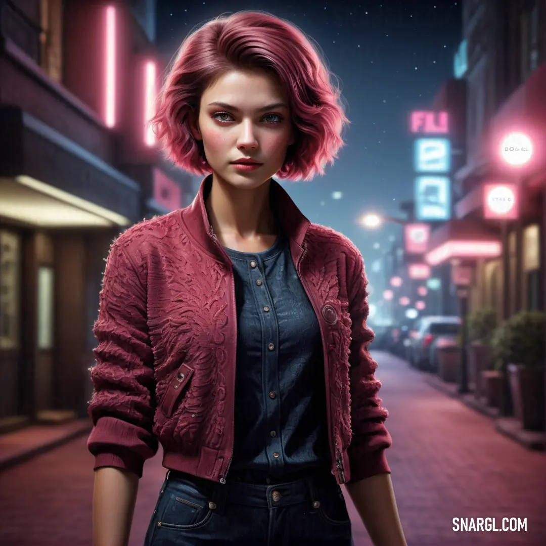 Woman with red hair standing on a city street at night with neon lights behind her and a red jacket on. Color CMYK 0,84,46,0.