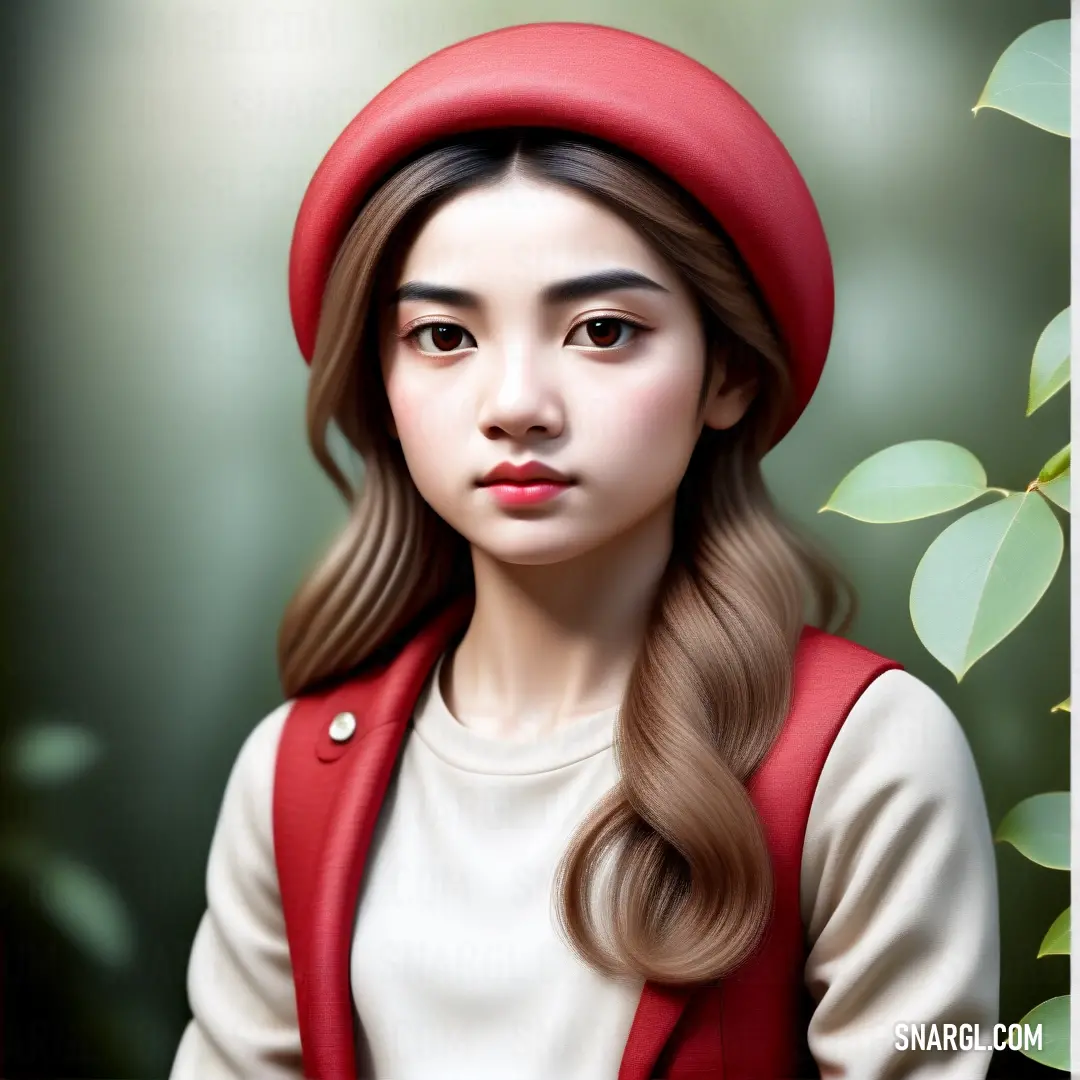 Painting of a woman with long hair wearing a red hat and a red vest and a white shirt. Color RGB 218,50,72.