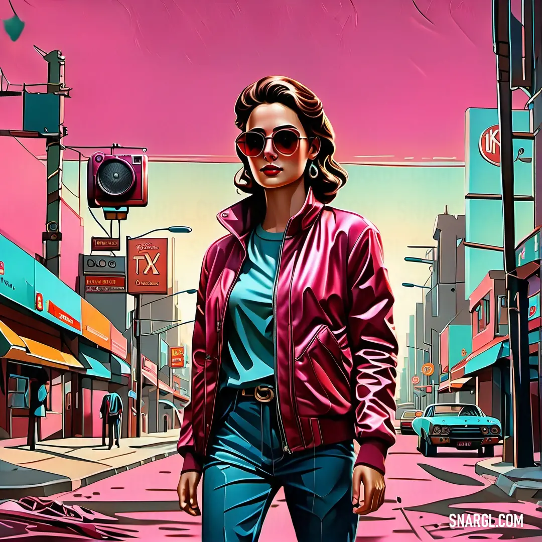 #DA3248 color. Woman in a pink jacket and sunglasses walking down a street in a city with a traffic light in the background