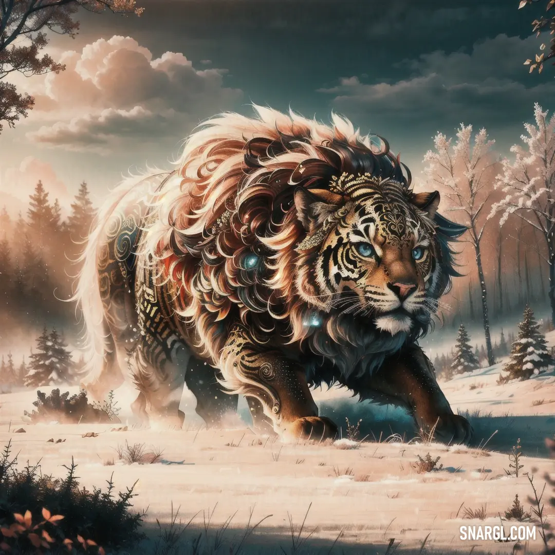 Painting of a tiger running through a snowy forest with trees and clouds in the background. Color RGB 242,206,176.