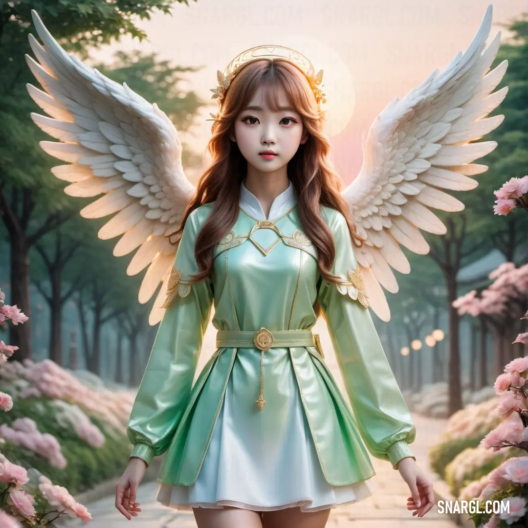 #F1C39F color example: Woman dressed in a green dress with angel wings on her head and a green dress with a white collar and skirt