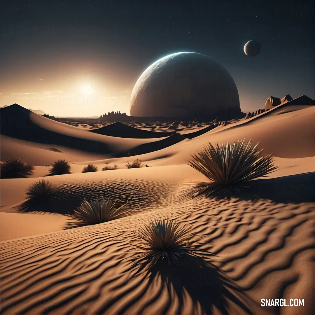 Desert with a large ball in the distance and a desert landscape with a few plants and bushes in the foreground