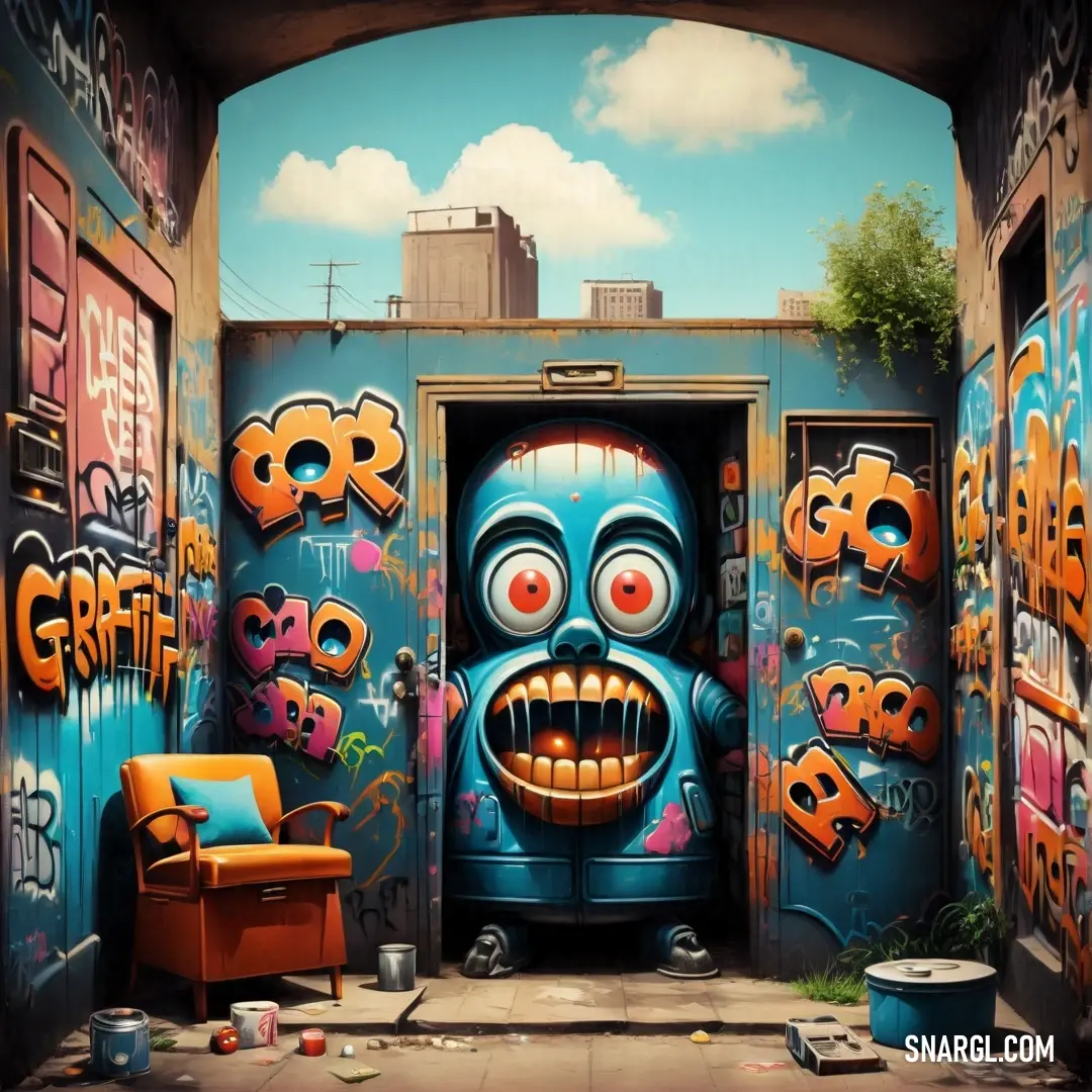 Doorway with a painting of a monster face on it and a chair in front of it with graffiti all over it. Color #E68835.