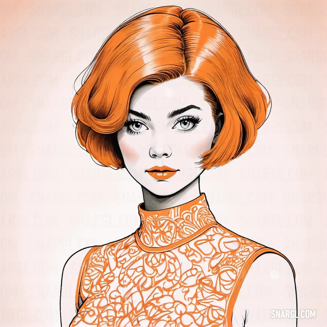 PANTONE 716 color. Drawing of a woman with red hair and orange lipstick on a pink background