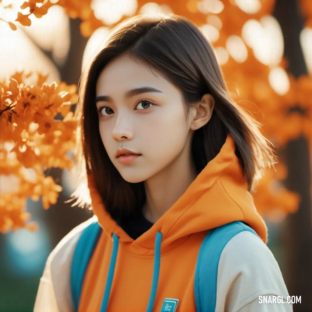 Young woman in an orange hoodie standing in front of a tree with orange leaves on it and looking at the camera
