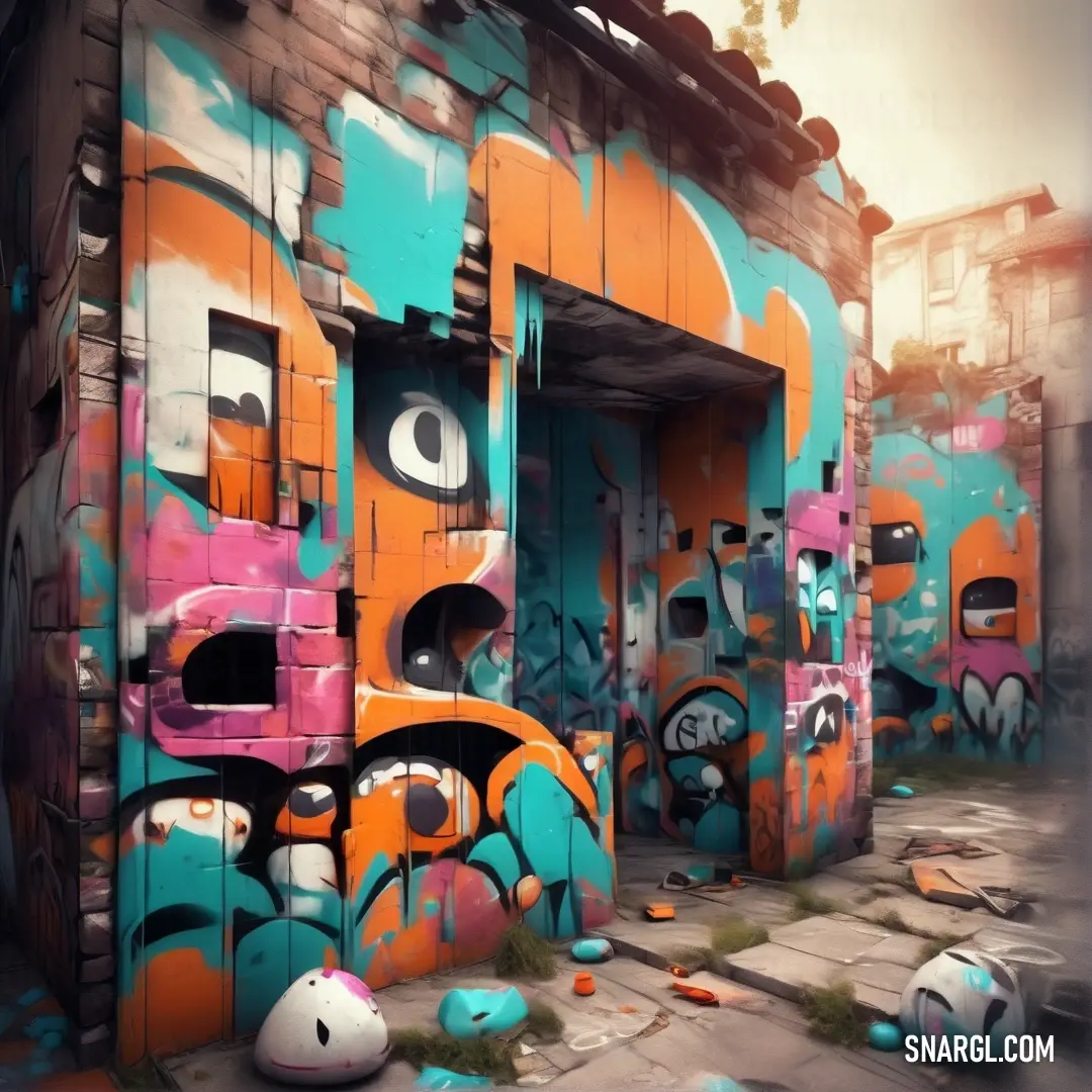 Bunch of graffiti on a building with a lot of windows and doors that are painted orange. Example of CMYK 0,68,100,0 color.