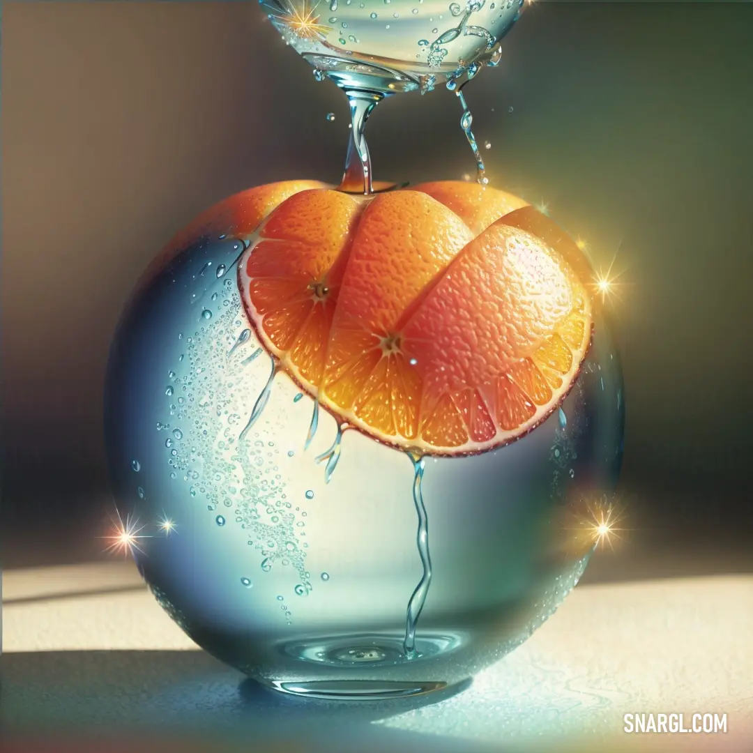 Glass vase with a orange in it and a wine glass on top of it with water splashing on it. Example of CMYK 0,68,100,0 color.