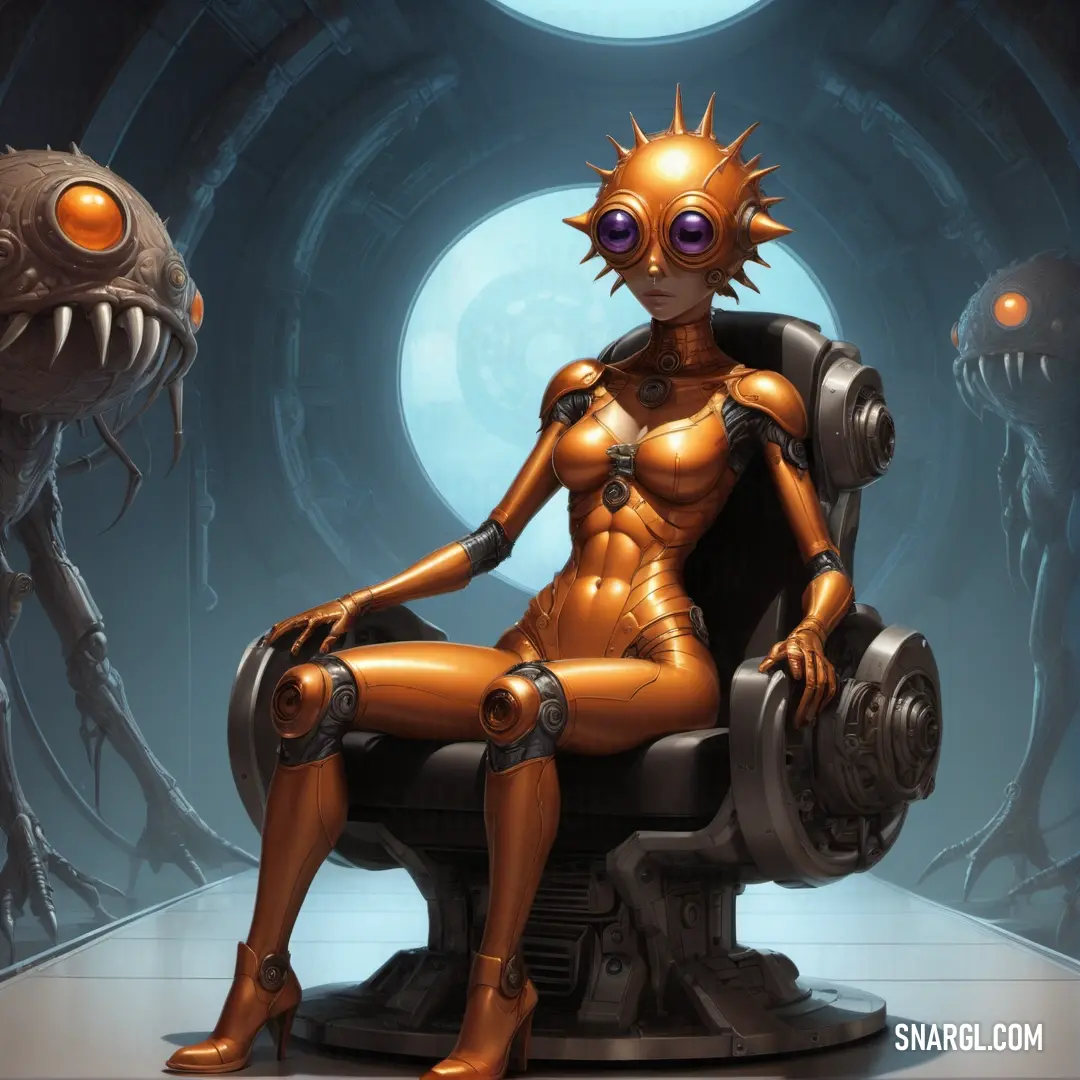 Woman in a chair with a robot on her lap next to a giant alien creature in a futuristic setting. Color RGB 227,122,51.