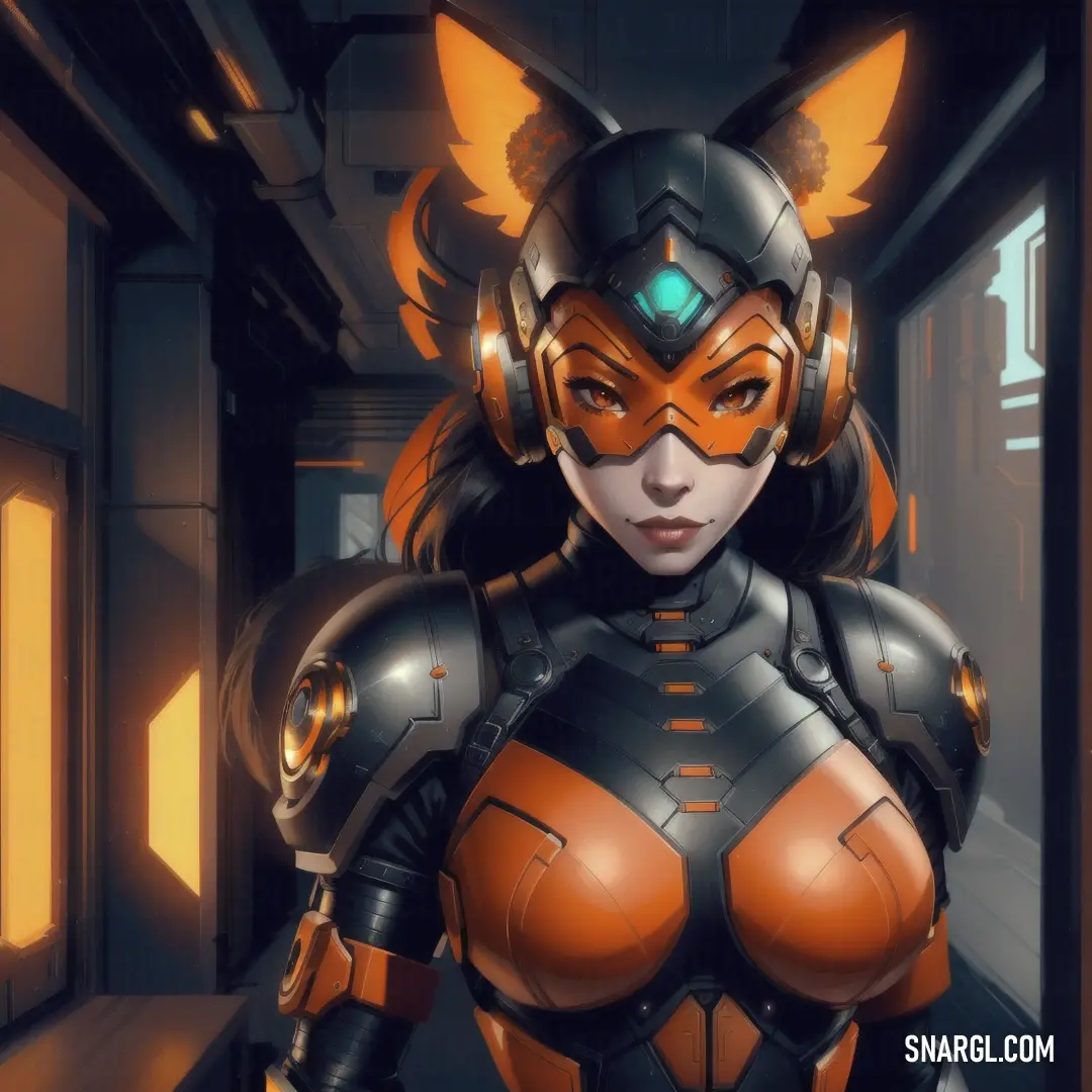 Woman in a futuristic suit with a cat ears on her head and a cat ears on her head. Color RGB 227,122,51.