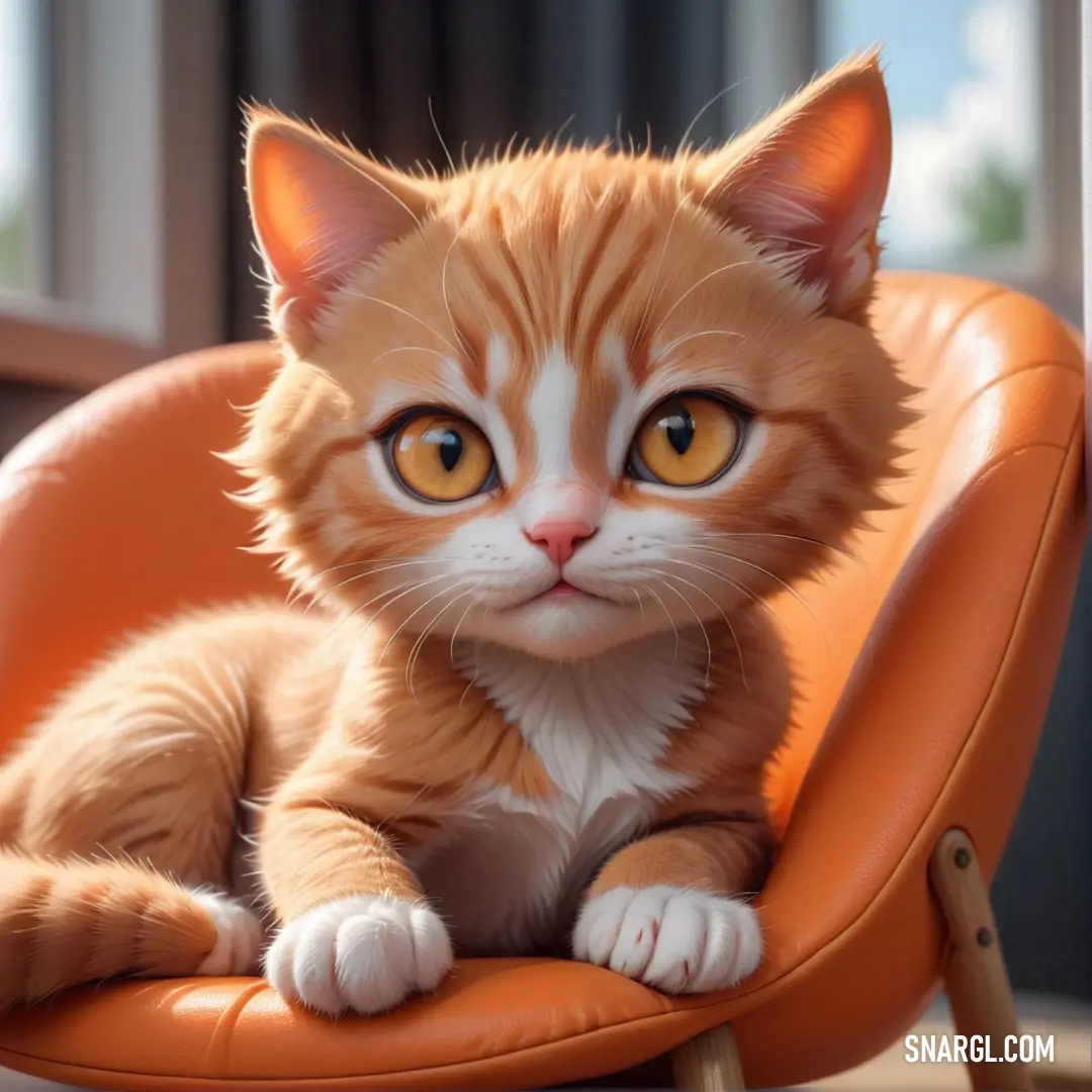 Cat on a chair with a yellow eyes looking at the camera with a sad look on its face. Color #D1692E.