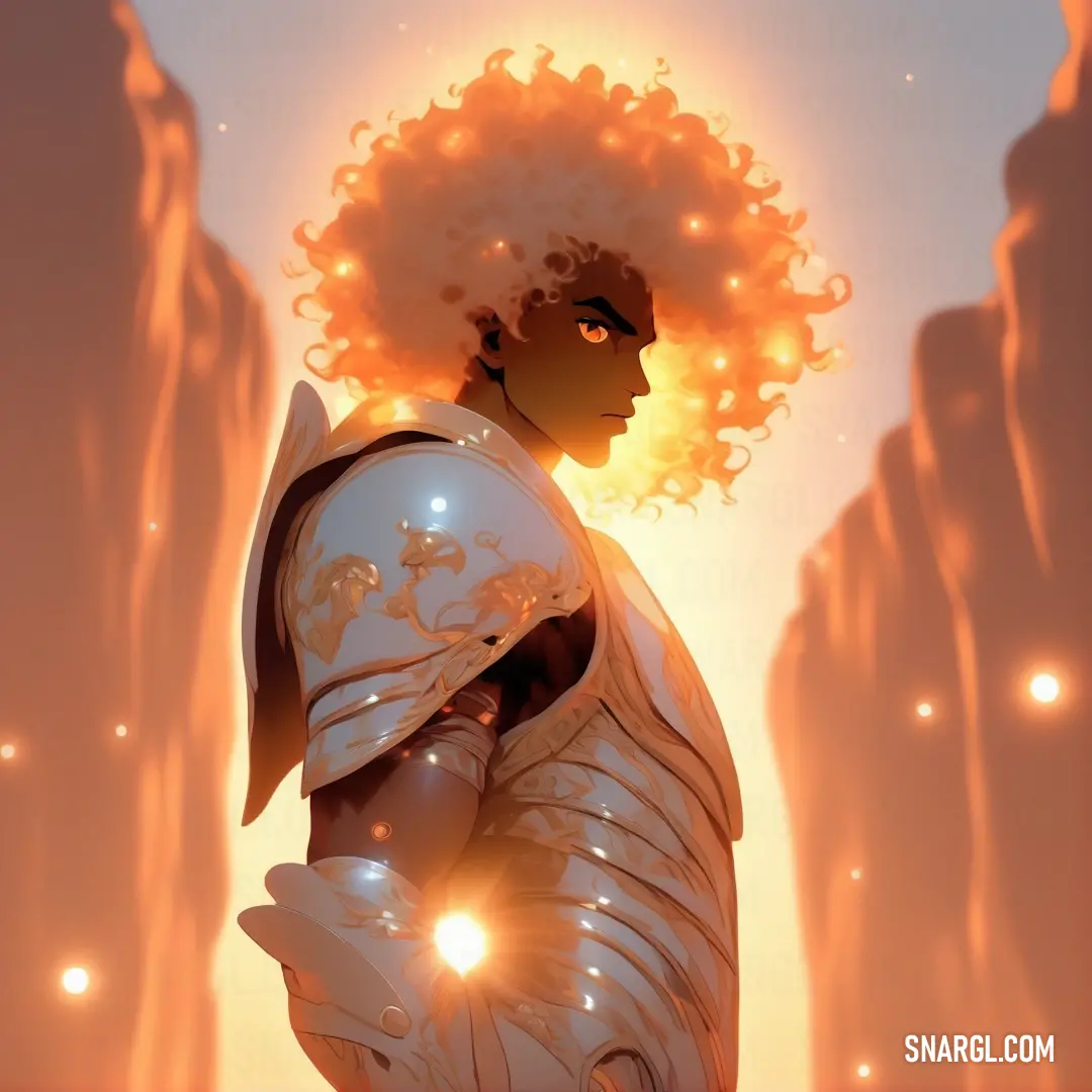 Digital painting of a man with a fireball in his hair and a white suit with a gold pattern. Example of #D1692E color.