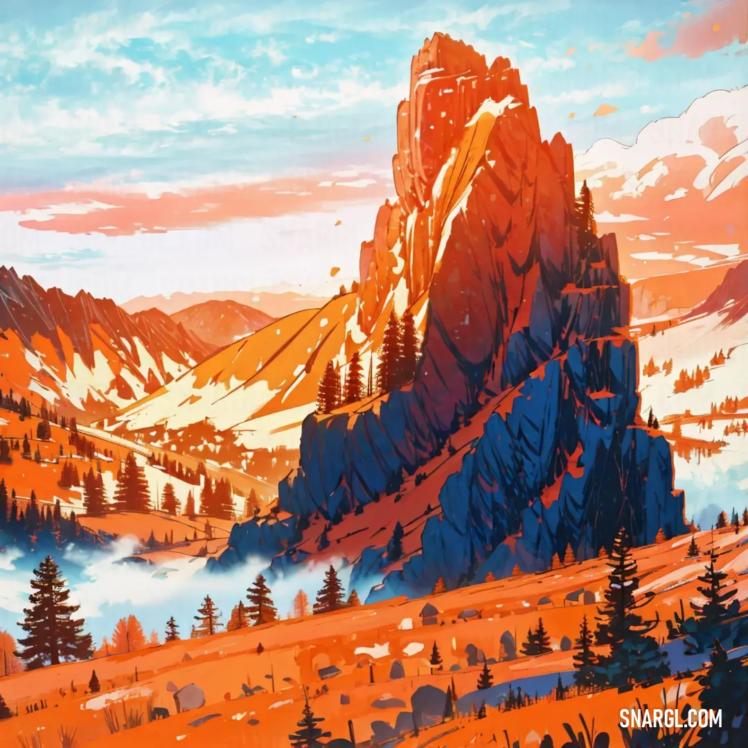 PANTONE 718 color. Painting of a mountain range with trees and clouds in the background