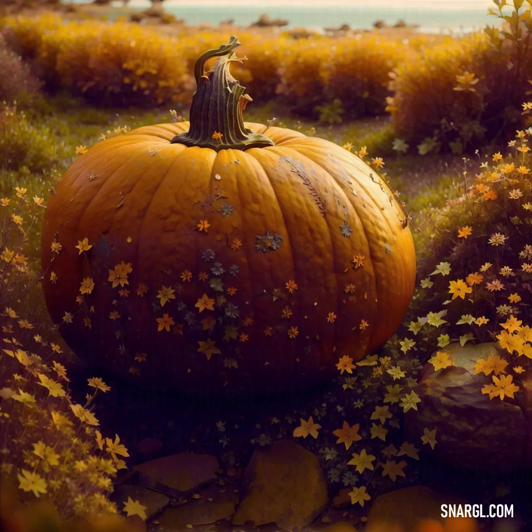 Pumpkin on top of a lush green field next to a lake and a forest filled with trees. Example of PANTONE 718 color.