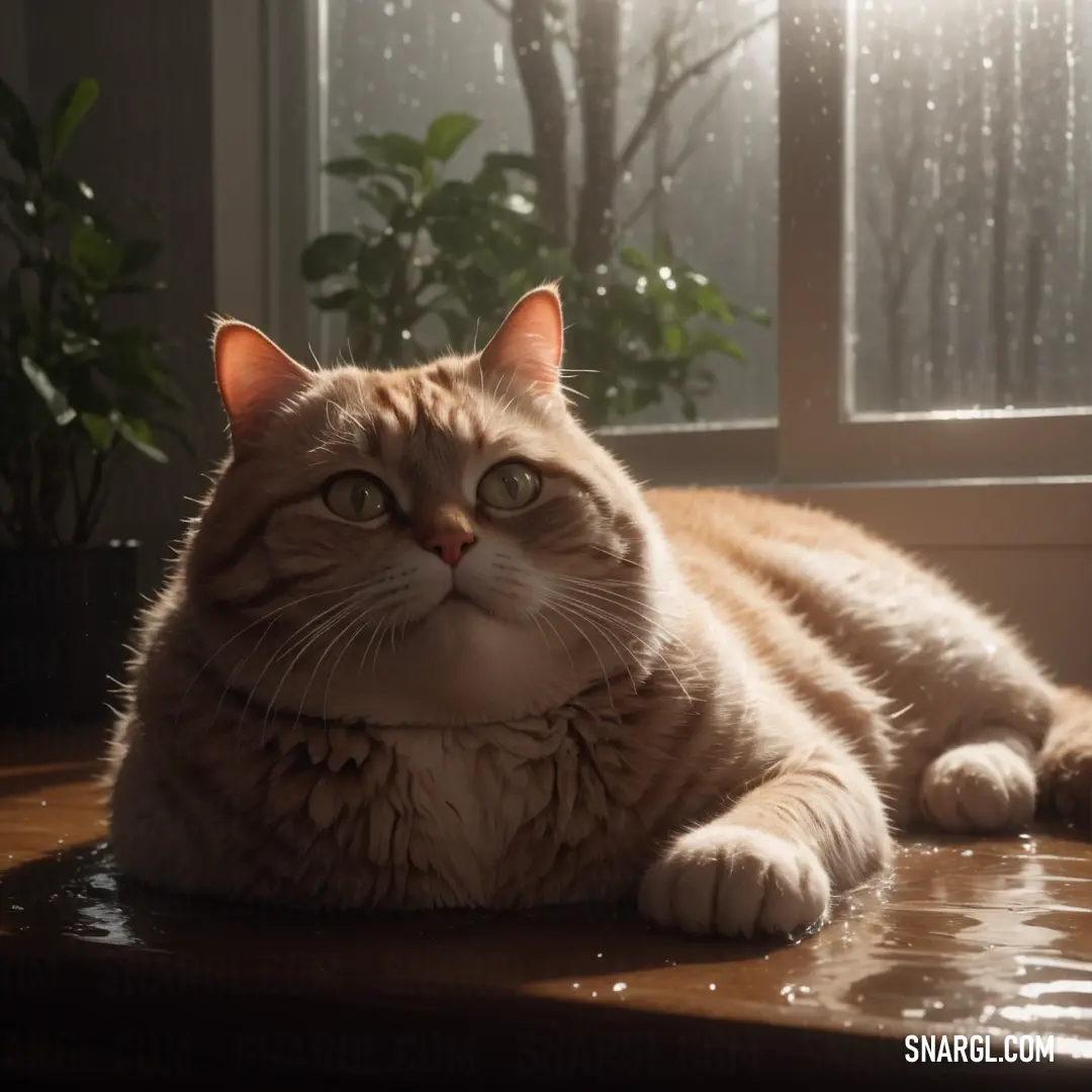 PANTONE 719 color. Cat laying on a table in front of a window with rain falling down on it's face