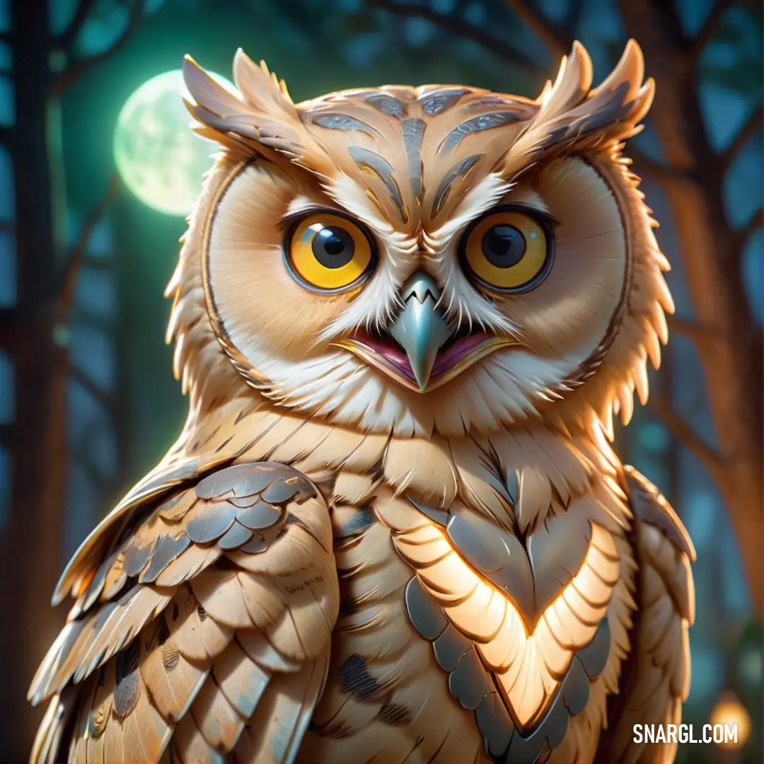 Painting of an owl with a full moon in the background. Color CMYK 0,35,52,4.