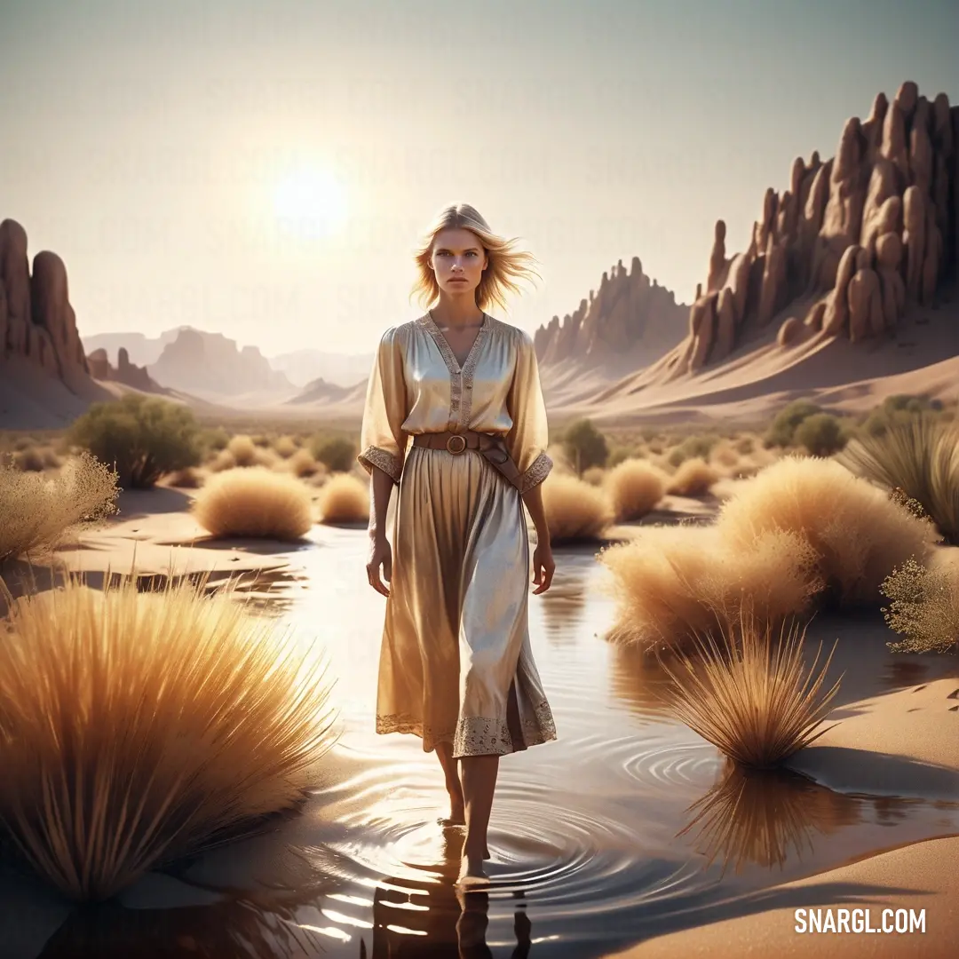 Woman standing in a desert with a desert landscape in the background. Example of PANTONE 721 color.
