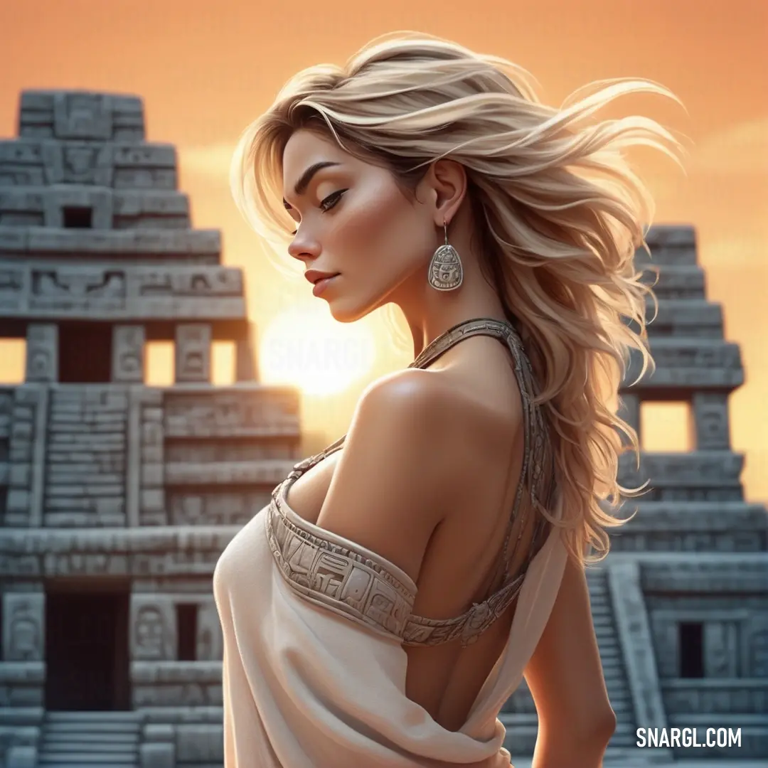 Woman with long hair standing in front of a building with a sun setting behind her and a temple in the background