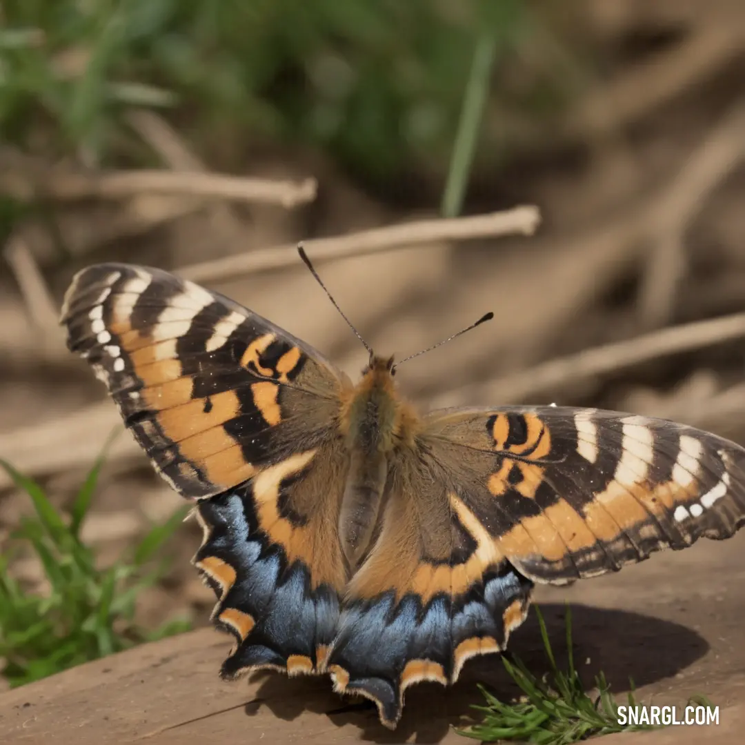 Butterfly with a striped pattern on its wings on a rock in the grass and dirt area of a park. Example of PANTONE 722 color.