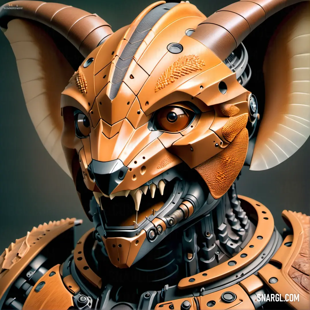 Close up of a robot like creature with horns and horns on it's head and a helmet on its head. Example of #B9701D color.