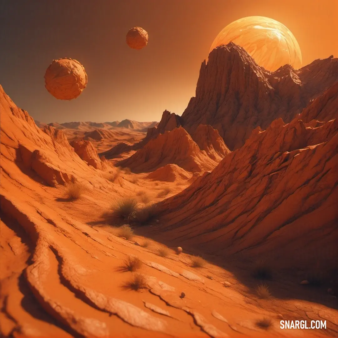 Desert landscape with mountains and rocks in the background and a distant planet in the distance