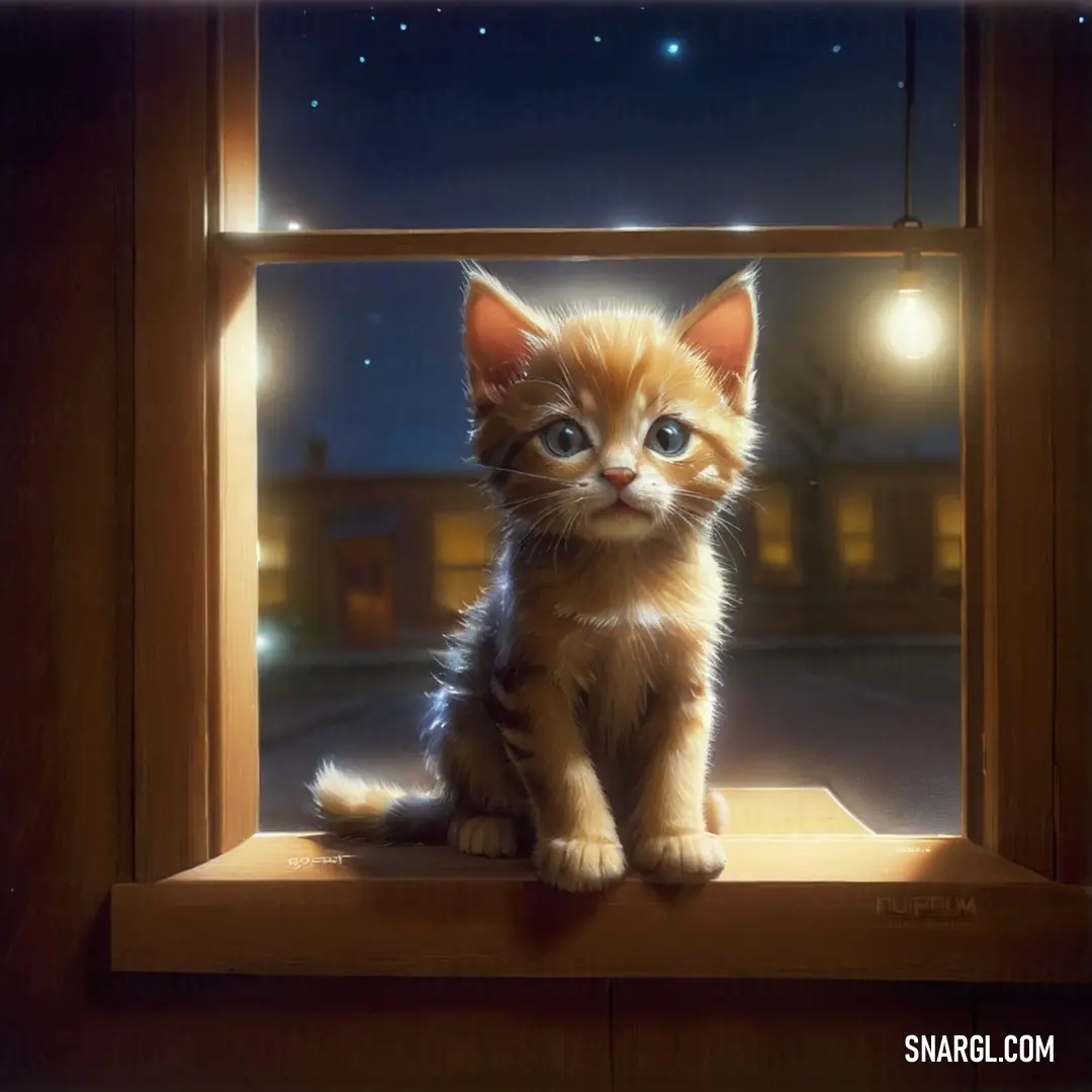 CMYK 6,60,98,20 example: Kitten on a window sill looking out at the night sky and stars outside of a window
