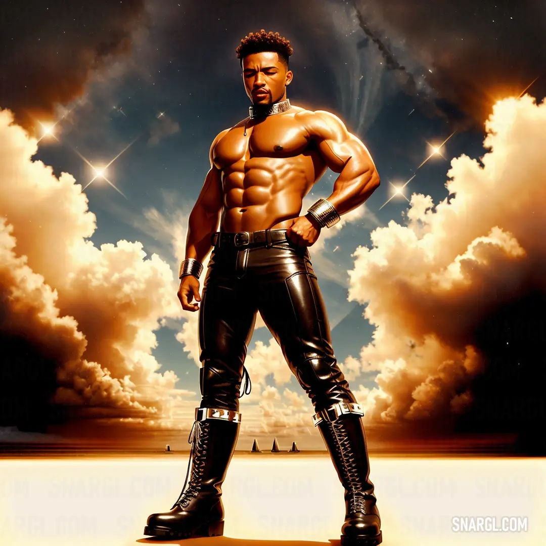 Man in leather pants standing in front of a sky with clouds and stars in the background