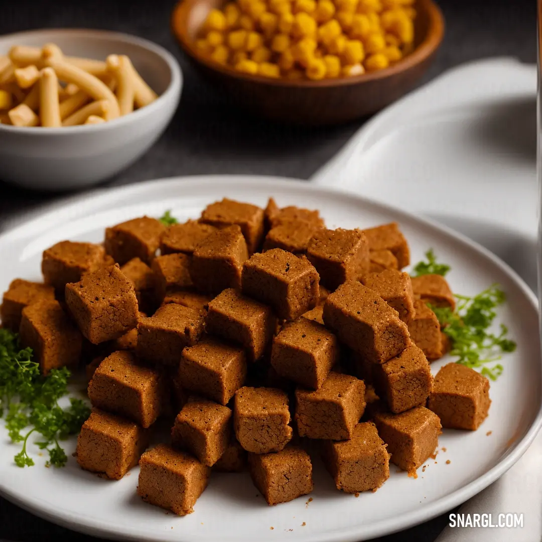 Plate of food with some tofu on it and some other foods in bowls behind it on a table. Color PANTONE 723.