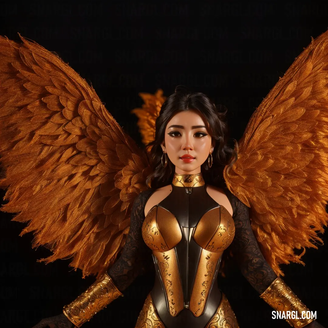 Woman dressed in gold and black with wings on her body and hands on her hips. Example of CMYK 6,60,98,20 color.