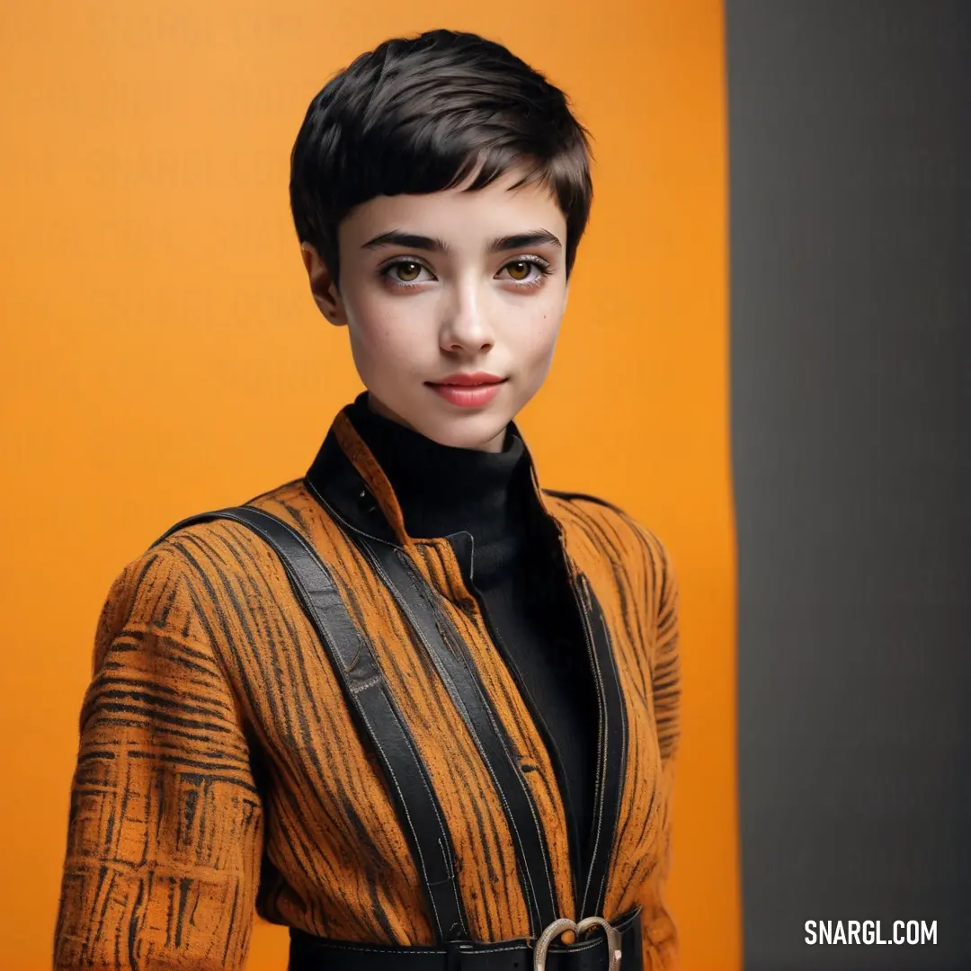 Woman with a short haircut and a black shirt and a black belt is standing in front of a yellow wall. Color RGB 185,112,29.