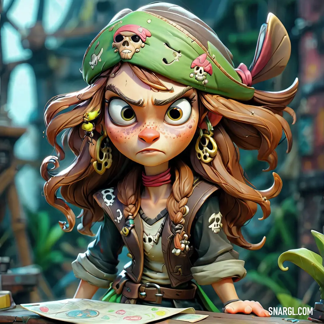Cartoon character with a pirate hat and eye patch on her head at a desk with a map. Color #98561F.