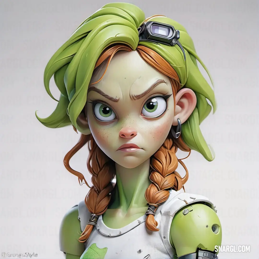 Cartoon character with green hair and a green helmet on her head. Example of PANTONE 724 color.