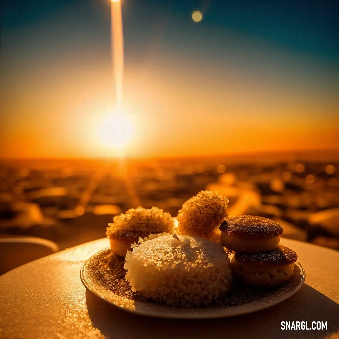 Plate of food on a table with the sun setting in the background and a few donuts on the plate. Color #81461D.