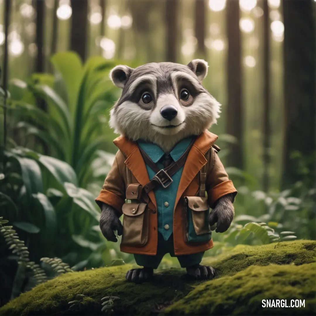 Raccoon dressed in a jacket and boots standing in a forest with mossy ground and trees. Example of PANTONE 725 color.