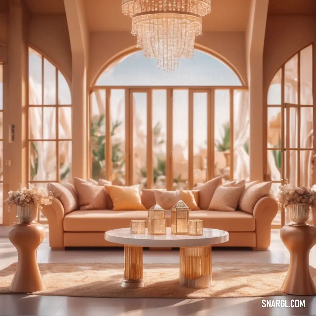 Living room with a couch, table and chandelier in it's centerpieces and windows. Color CMYK 5,32,46,10.
