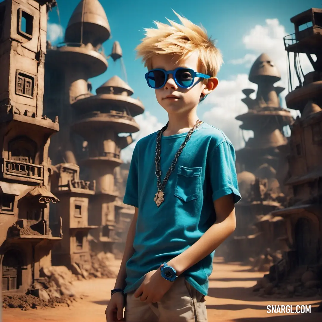 PANTONE 728 color example: Young boy wearing sunglasses standing in front of a futuristic city with a clock tower in the background