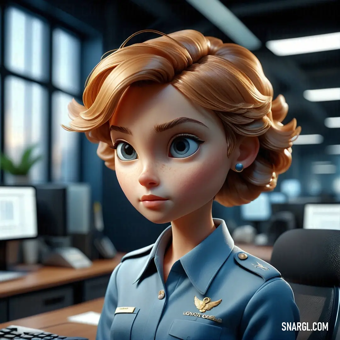 Cartoon character in a blue uniform at a desk with a computer and keyboard in front of her. Color RGB 187,133,77.
