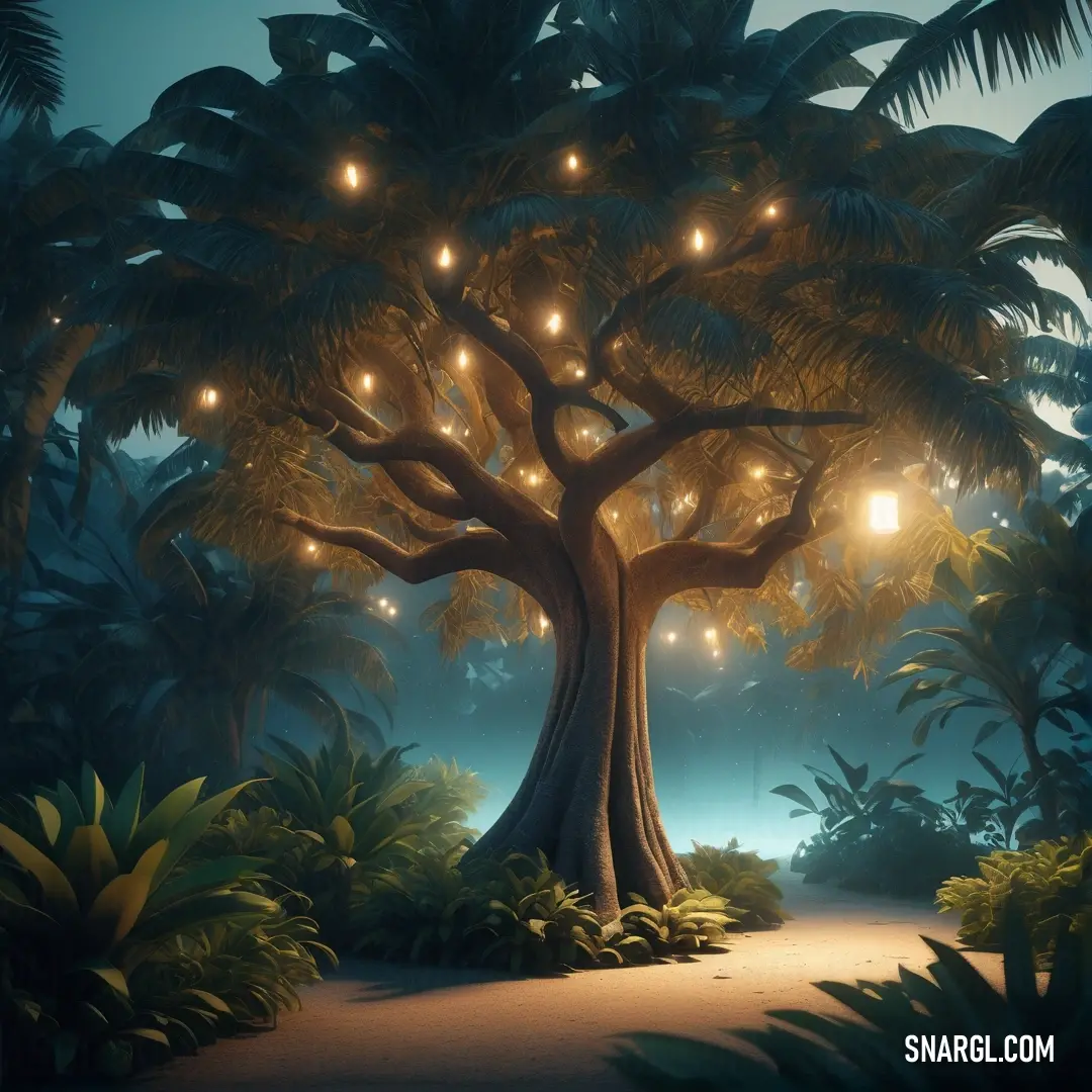Tree with lights in the middle of a forest at night time with a path leading to it. Color #BB854D.