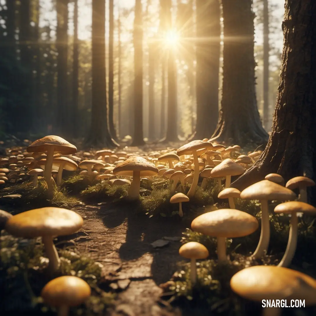 Group of mushrooms in the forest with the sun shining through the trees behind them and the ground covered in moss