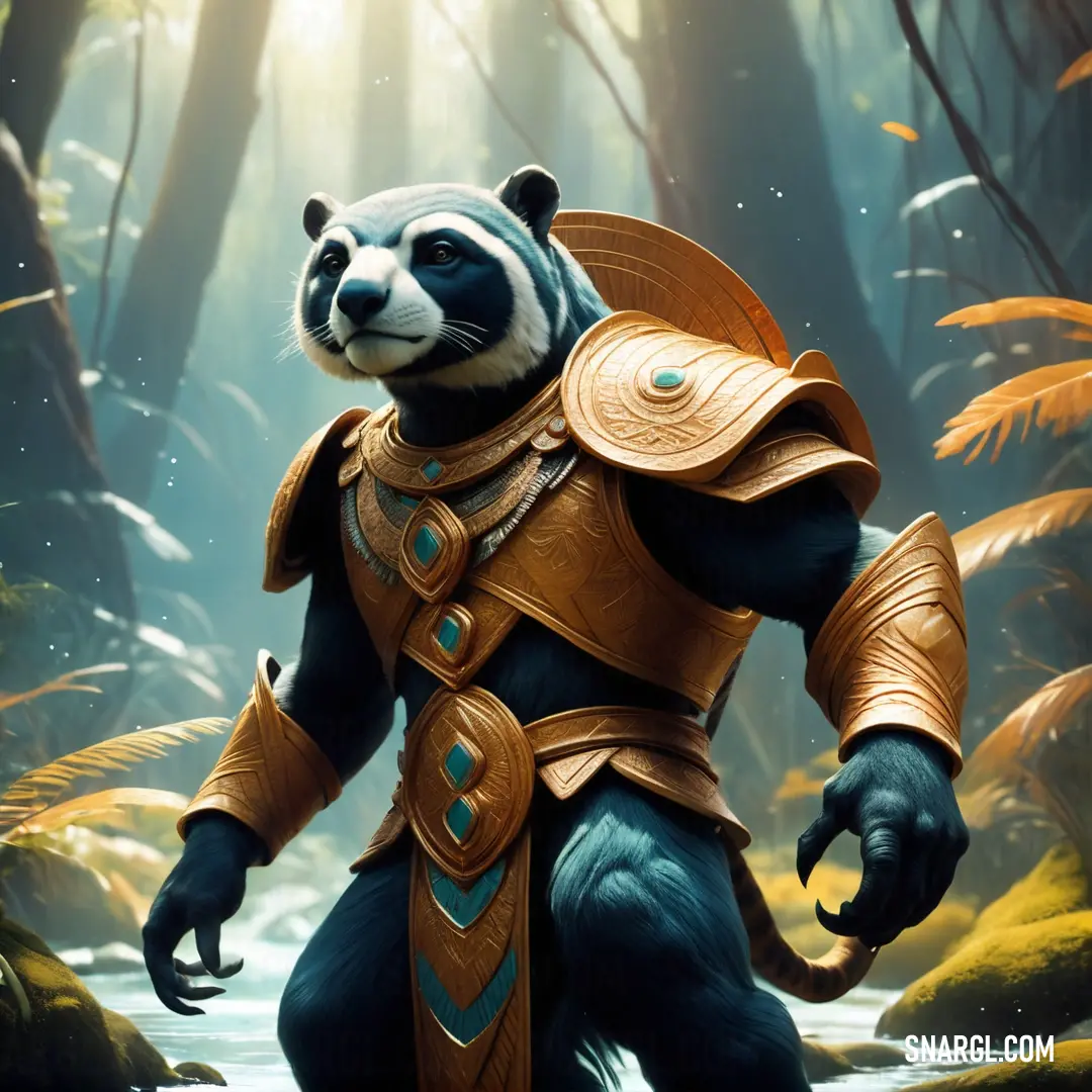 Panda bear dressed in armor in a forest with a stream of water and trees in the background. Example of RGB 160,105,50 color.