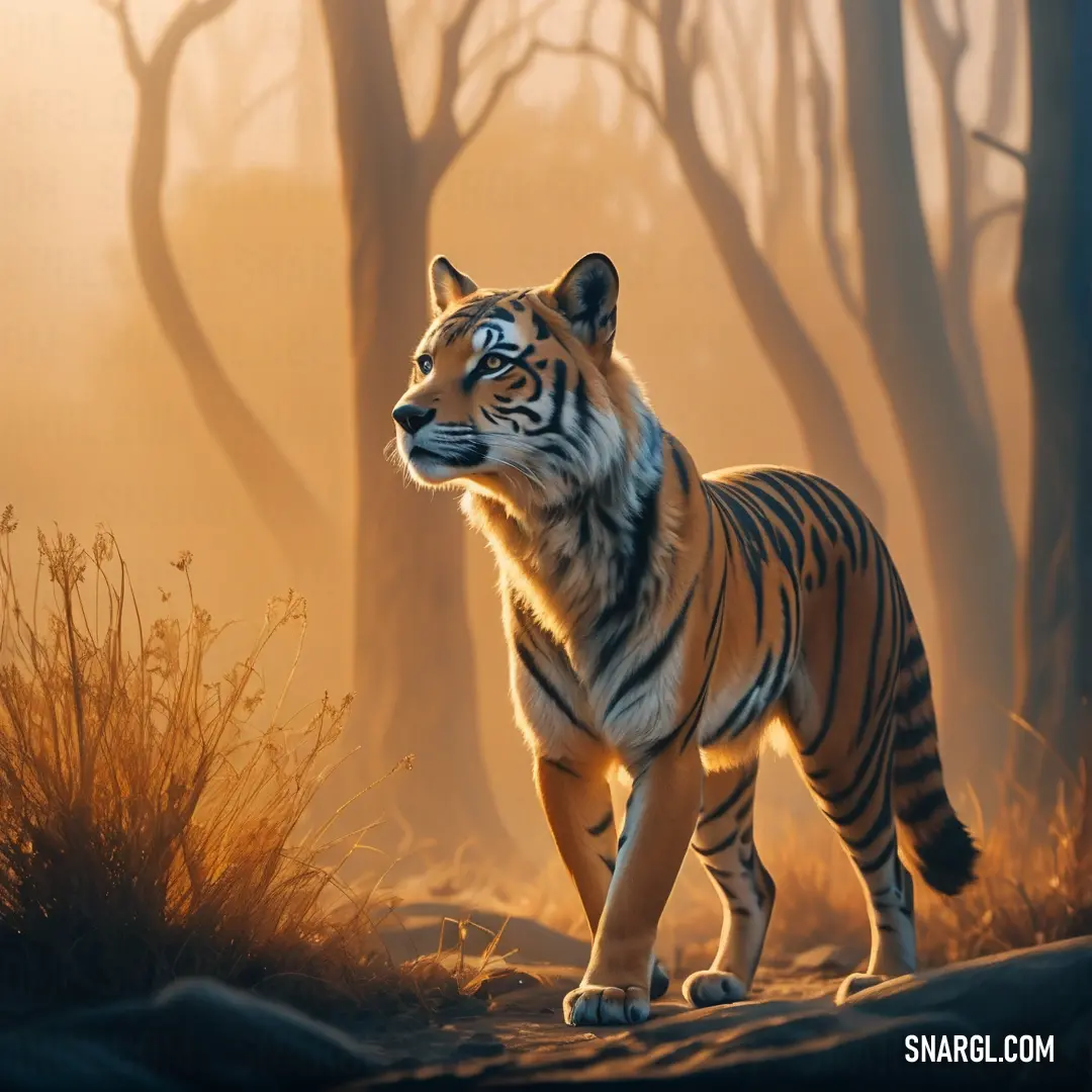 Tiger walking through a forest with trees in the background. Color #A06932.