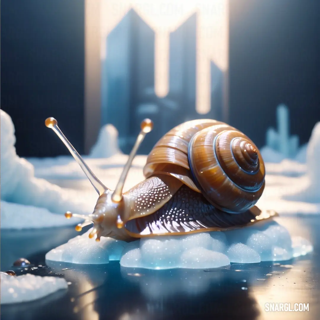 Snail is on a piece of ice in the snow with a city in the background. Example of CMYK 10,55,83,35 color.