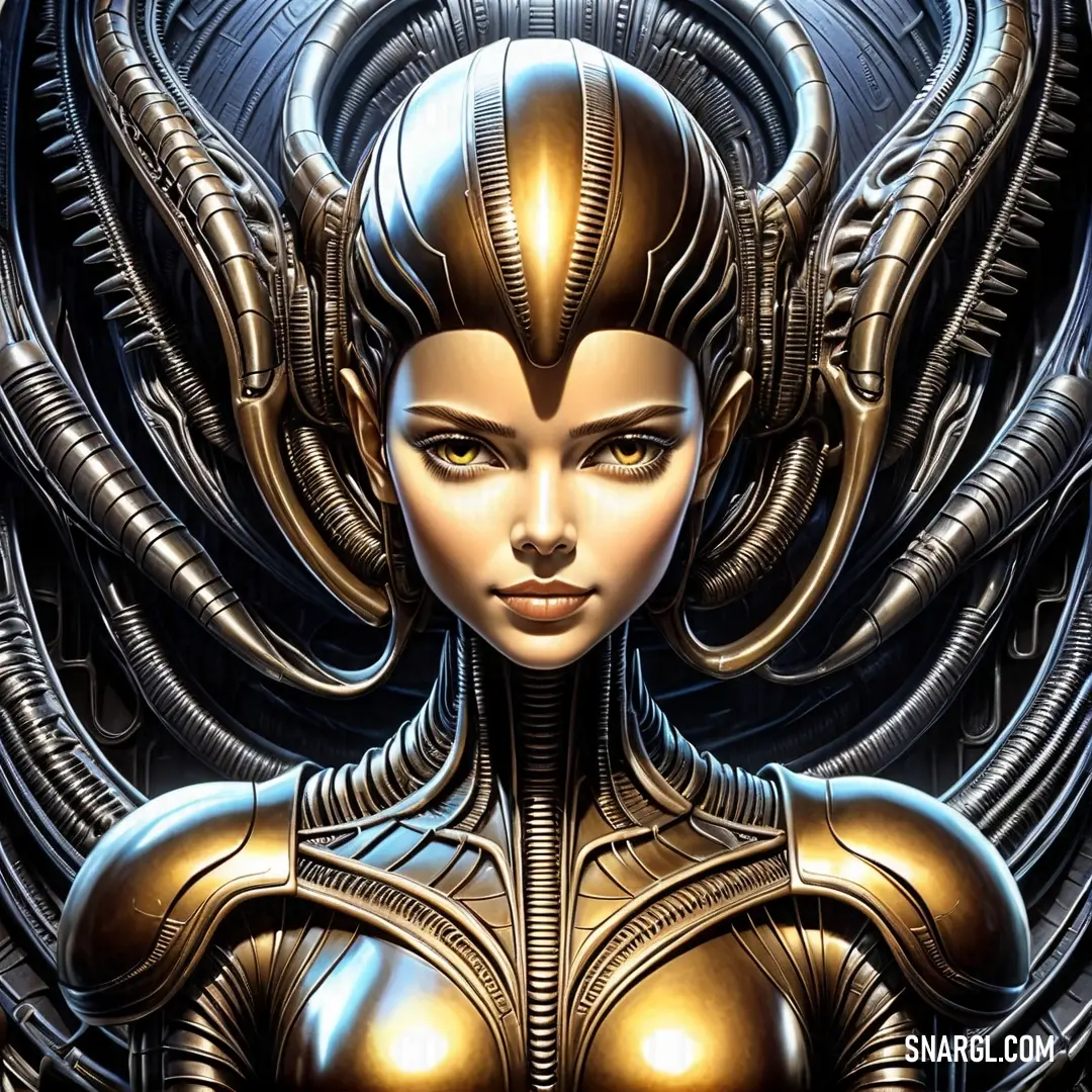 Woman with a futuristic head and body is surrounded by large metal objects and a large. Example of #79491D color.