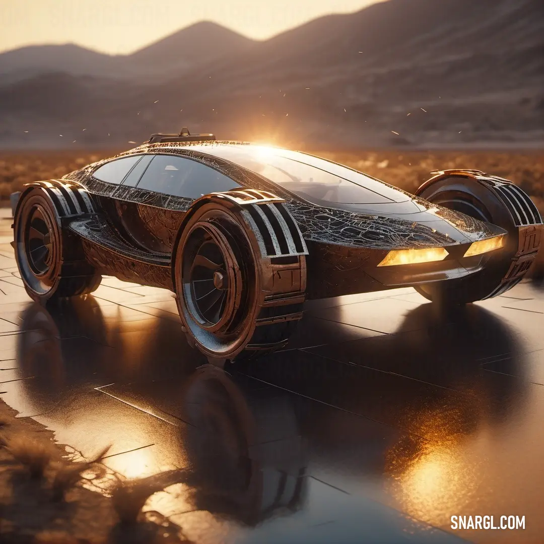 Futuristic car is shown in the middle of a desert landscape with mountains in the background. Example of CMYK 16,69,100,71 color.