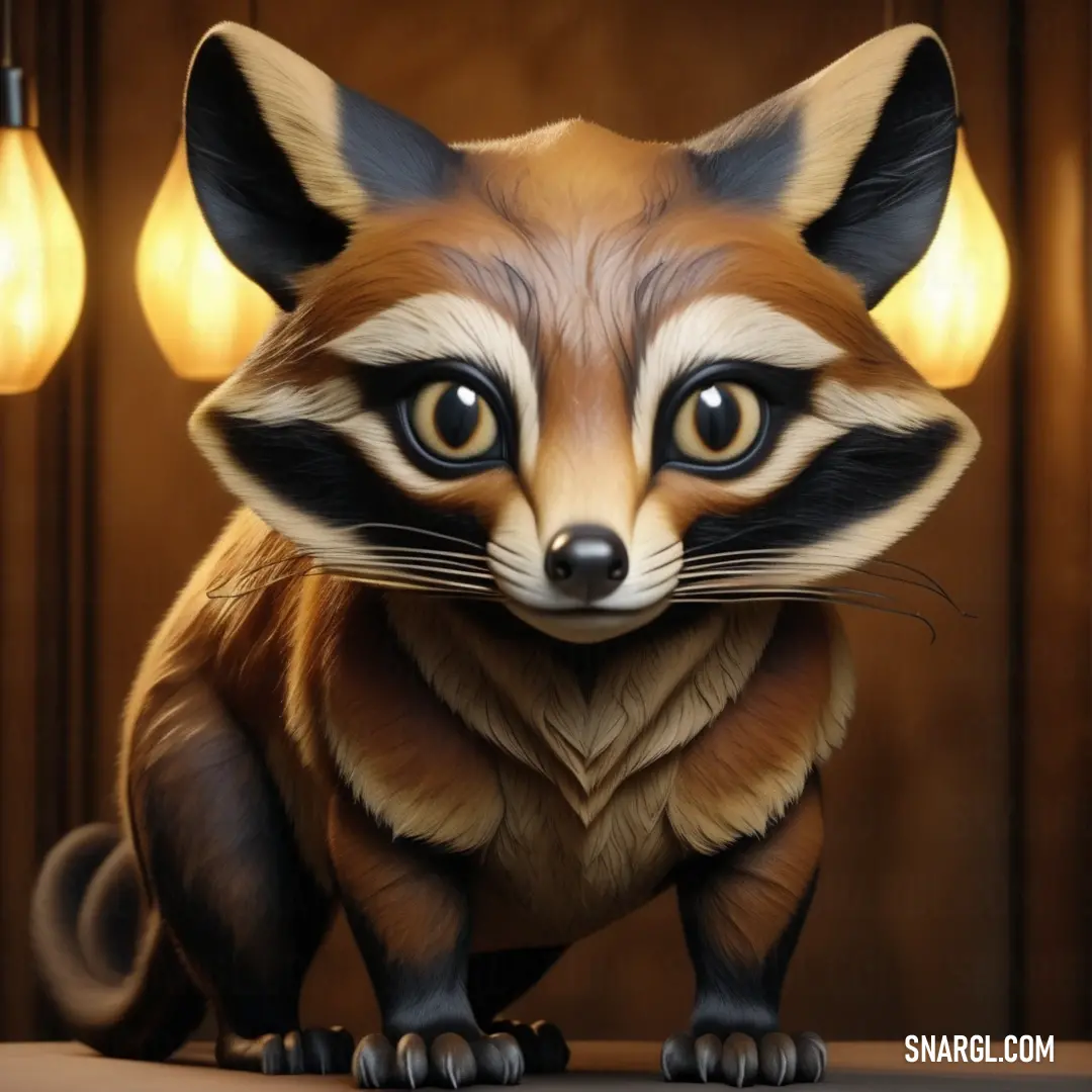 Painting of a raccoon with a light bulb in the background. Color #6B431C.