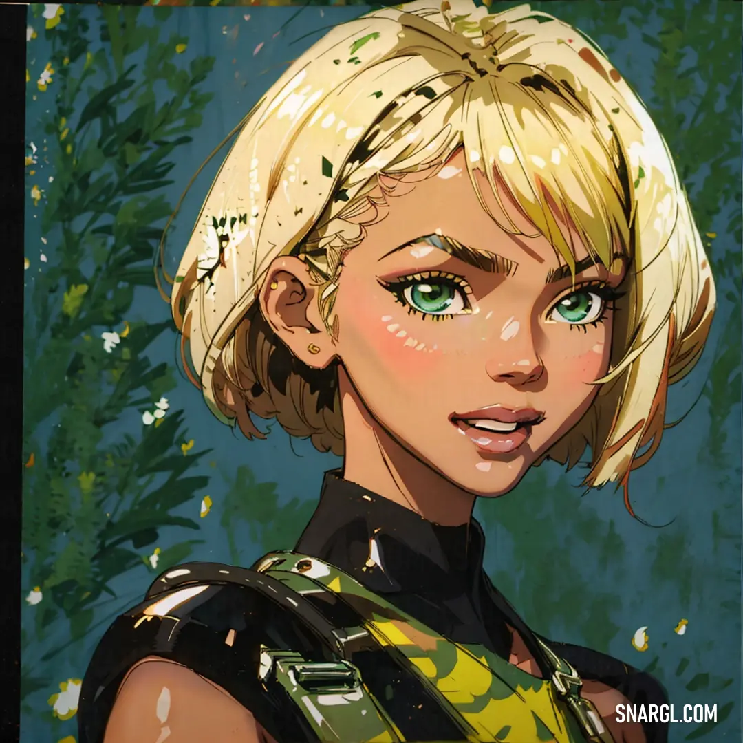 Painting of a blonde haired woman with green eyes and a black top with a yellow top on her shoulders. Color RGB 248,233,190.