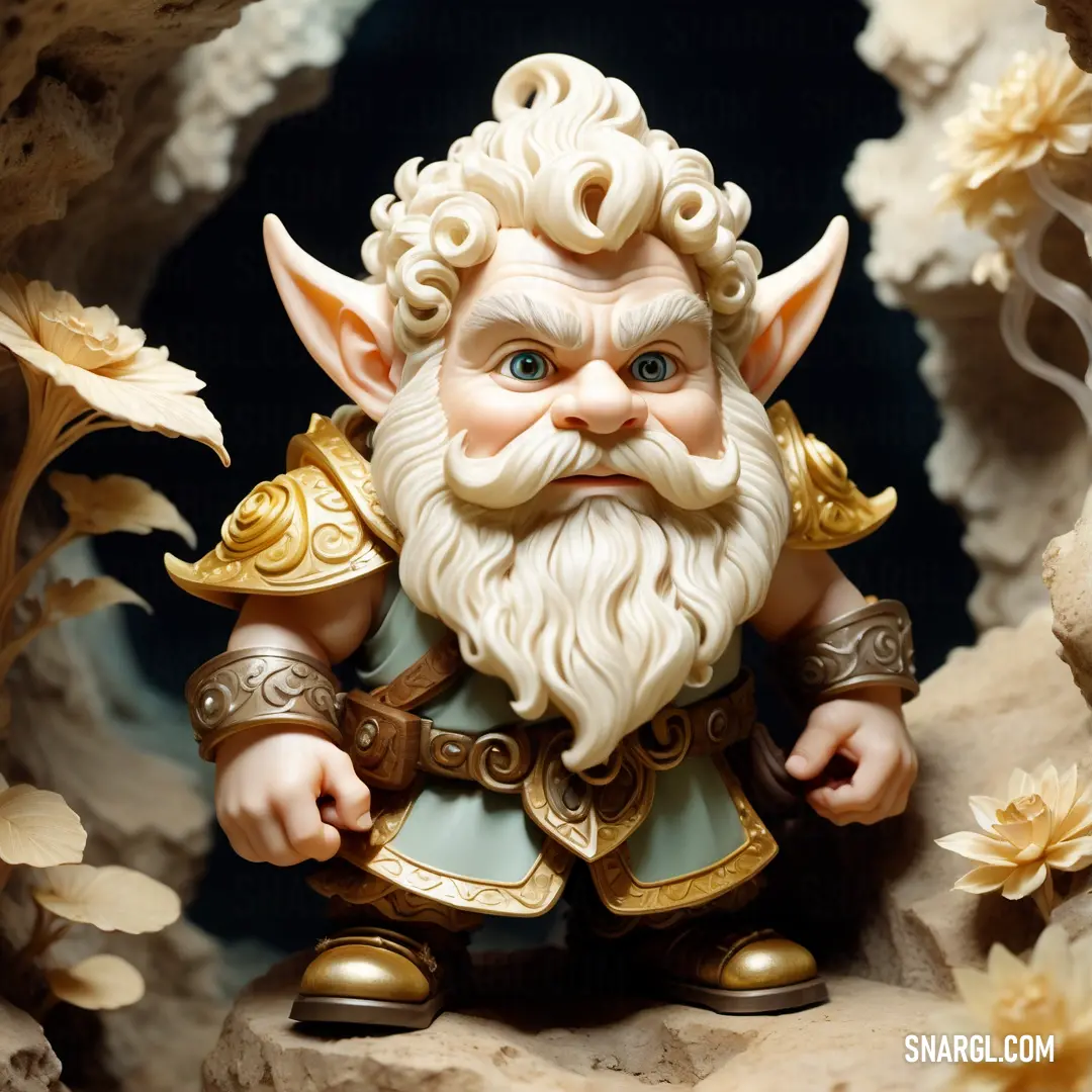 PANTONE 7401 color. Statue of a dwarf with a beard and a beard wearing a helmet and armor with gold accents