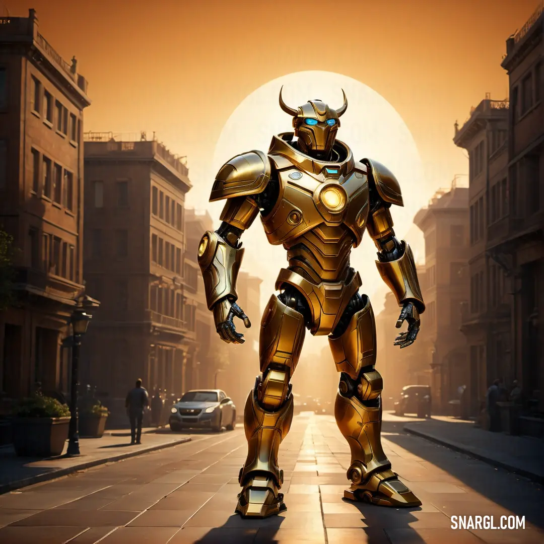 Robot standing on a city street in front of a sun setting with a person walking by it and a car. Color #F1E19B.