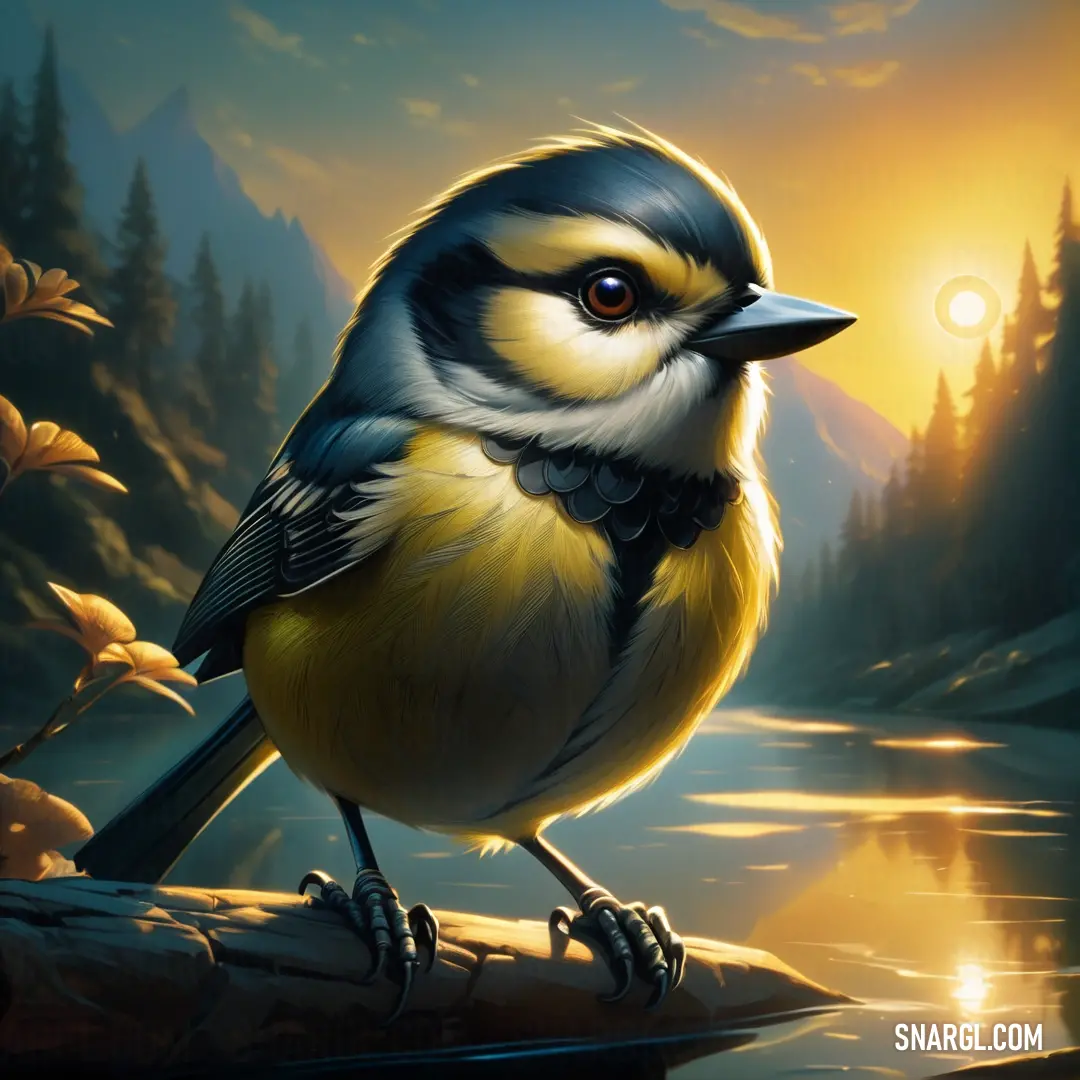 Bird on a branch in front of a lake and a forest at night with the sun shining. Example of CMYK 0,8,86,0 color.