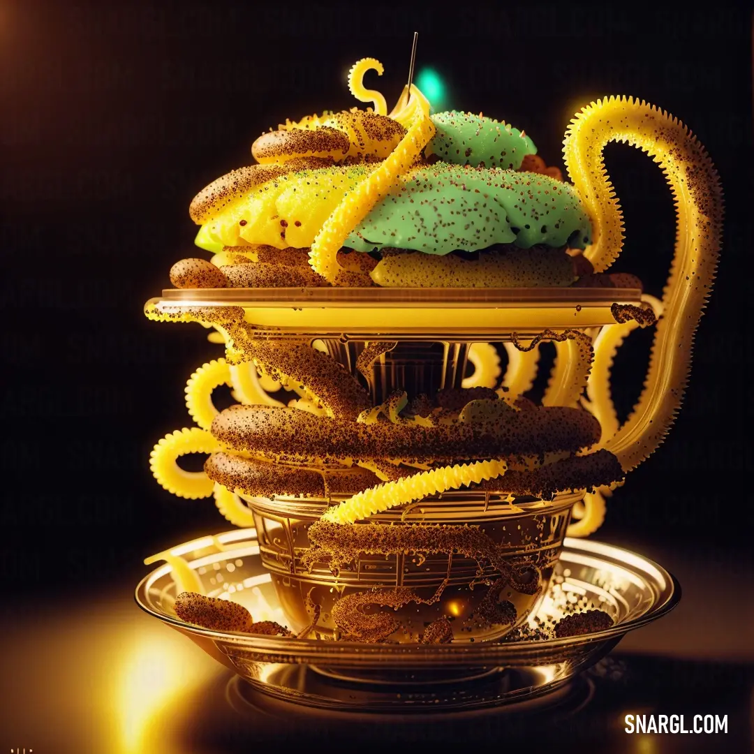 PANTONE 7404 color example: Cupcake with a candle on top of it in a bowl of cookies and other food items on a plate
