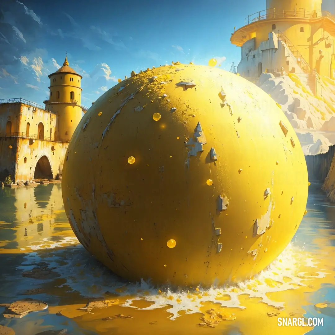 Large yellow ball floating in a body of water next to a castle like structure with a clock tower. Example of #FADA46 color.